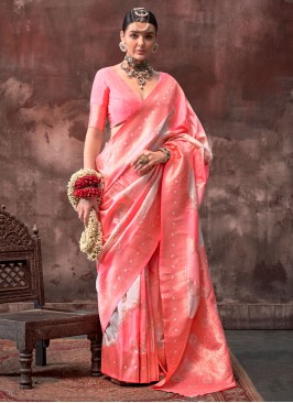 Peach Handloom silk Designer Saree