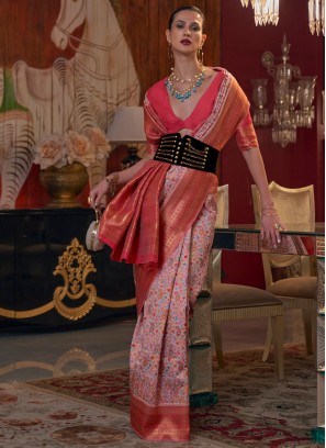 Peach Handloom silk Weaving Trendy Saree