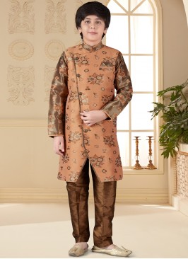 Peach Jacquard Indo Western Suit for Boys.