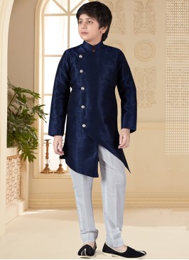 Navy Blue Jacquard Indo Western Suit for Boys.