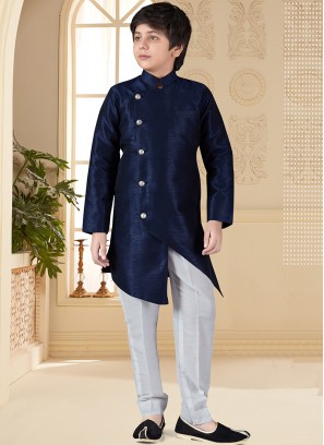 Navy Blue Jacquard Indo Western Suit for Boys.