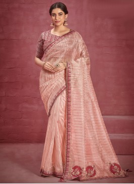 Peach Jacquard Stripe Print Saree