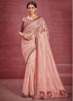 Peach Jacquard Stripe Print Saree