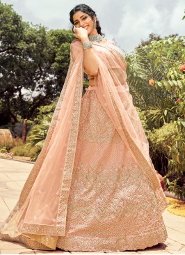 Peach Mehndi Organza Lehenga Choli
