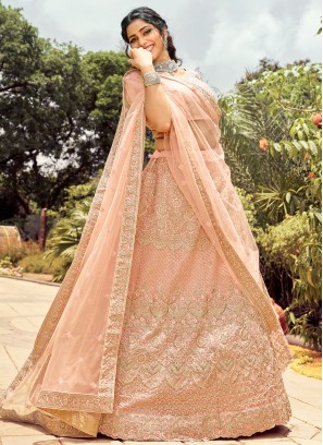 Peach Mehndi Organza Lehenga Choli