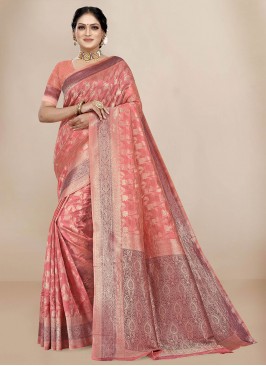 Peach Mehndi Organza Trendy Saree