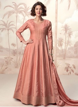 Peach Mehndi Silk Designer Gown