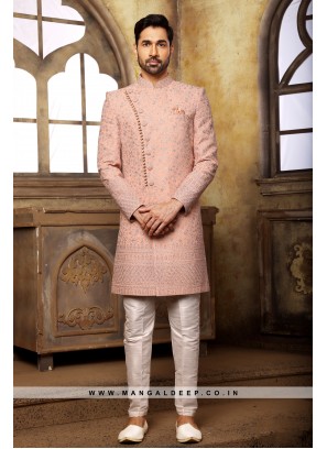 Peach Navabi Indo Western Embroidered Georgette Sherwani with Art Silk Aligadhi Bottom.