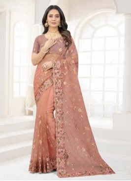 Peach Net Designer Saree