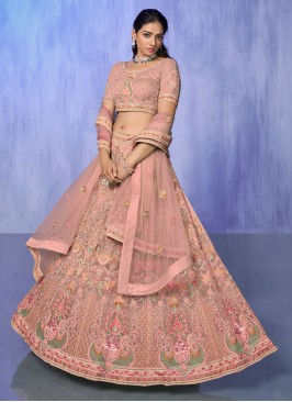 Peach Net Embroidered Designer Lehenga Choli