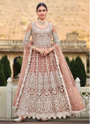 Peach Net Floor Length Anarkali Suit