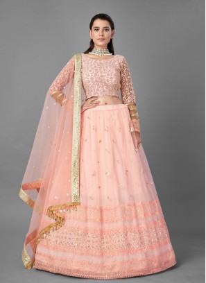 Peach Net Sequins Lehenga Choli