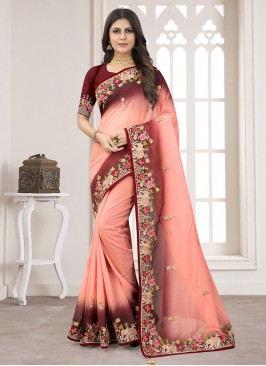 Peach Organza Embroidered Saree