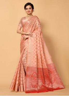 Peach Organza Woven Classic Saree