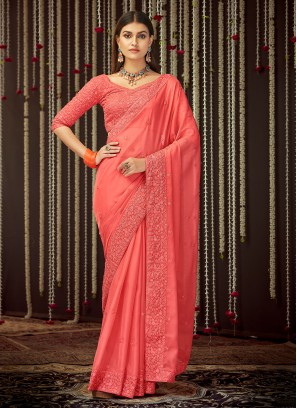 Peach Organza Zari Contemporary Saree