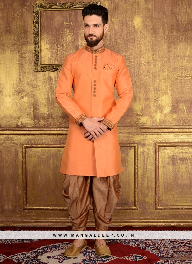 Peach Panjabi Style Indo Western Suit