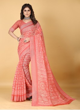 Peach Printed Cotton Trendy Saree