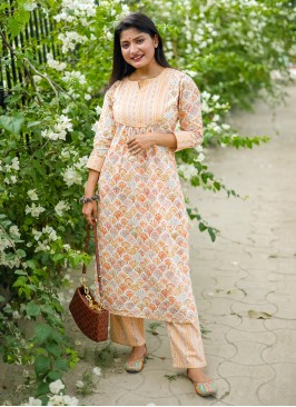 Peach Printed Designer Kurti