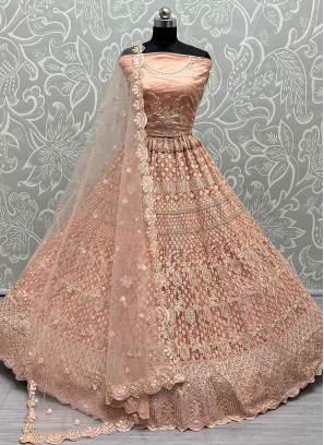 Peach Reception Net Designer Lehenga Choli