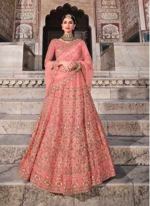 Peach Sangeet Net Lehenga Choli