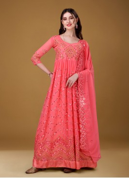 Peach Sequins Faux Georgette Long Length Anarkali Salwar Suit