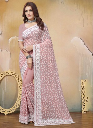 Peach Sequins Georgette Designer Saree