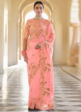 Peach Sequins Organza Classic Designer Saree