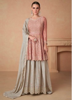 Peach Silk Embroidered Palazzo Salwar Kameez