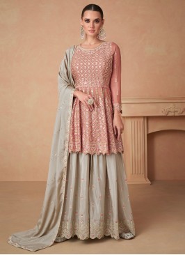 Peach Silk Embroidered Palazzo Salwar Kameez