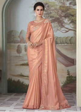 Peach Silk Embroidered Trendy Saree