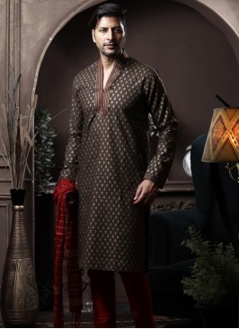 Dark Mehndi Silk Kurta Pajama with Marron ArtSilk Trouser.