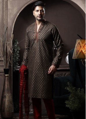 Dark Mehndi Silk Kurta Pajama with Marron ArtSilk Trouser.