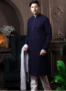 Navy Blue Silk Kurta Pajama with Off-White ArtSilk