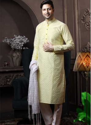 Neon Yellow Silk Kurta Pajama with Off-White ArtSilk Trouser.