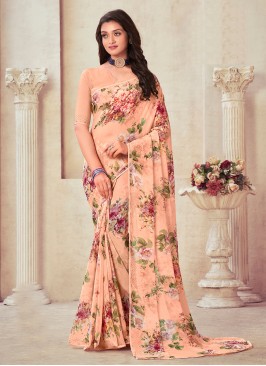 Peach Stone Work Georgette Contemporary Saree