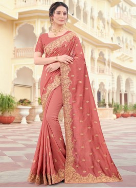 Peach Vichitra Silk Patch Border Designer Traditional Saree