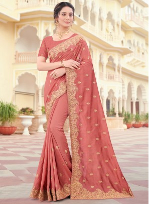 Peach Vichitra Silk Patch Border Designer Traditional Saree