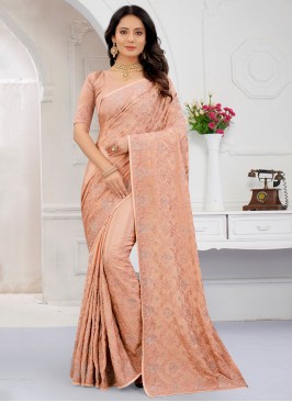 Peach Wedding Crepe Silk Designer Saree