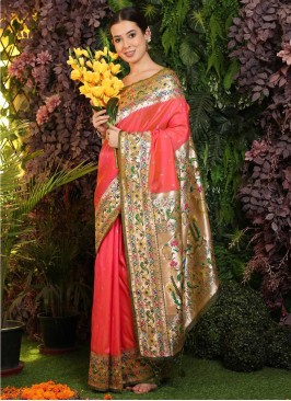 Peach Woven Banarasi Silk Designer Saree