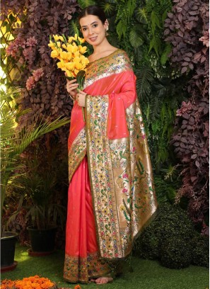 Peach Woven Banarasi Silk Designer Saree