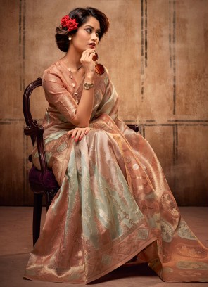 Peach Zari Classic Saree