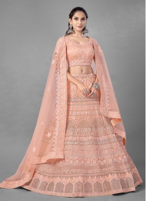 Peach Zari Net Lehenga Choli