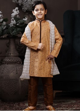 Peachy Delight Kids' Cotton Printed Kurta with Antique Artsilk Trouser.