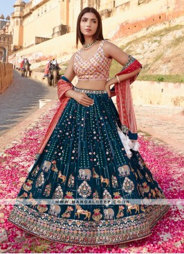 Peacock Georgette Lehenga with Embroidery and Handwork and Silk Blouse