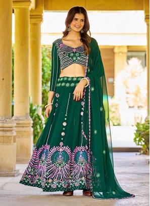Pearls Faux Georgette Designer Lehenga Choli in Green