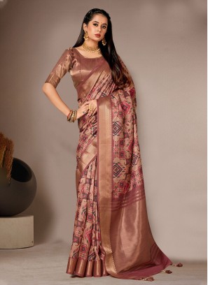 Peppy Bhagalpuri Silk Brown Digital Print Classic Saree