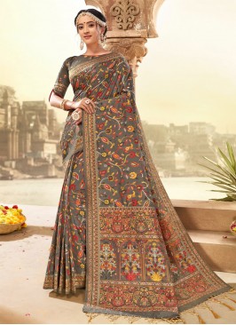 Peppy Blended Cotton Grey Woven Classic Saree