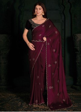 Peppy Georgette Satin Cutwork Wine Classic Saree