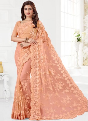 Perfect Beige Resham Net Designer Saree