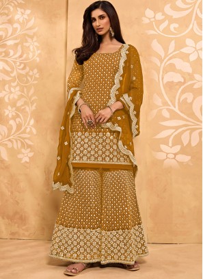 Perfect Embroidered Faux Georgette Mustard Designer Pakistani Salwar Suit